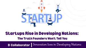 “Young entrepreneurs in a developing nation collaborating on a startup idea, working with laptops and notebooks in a small co-working space.”